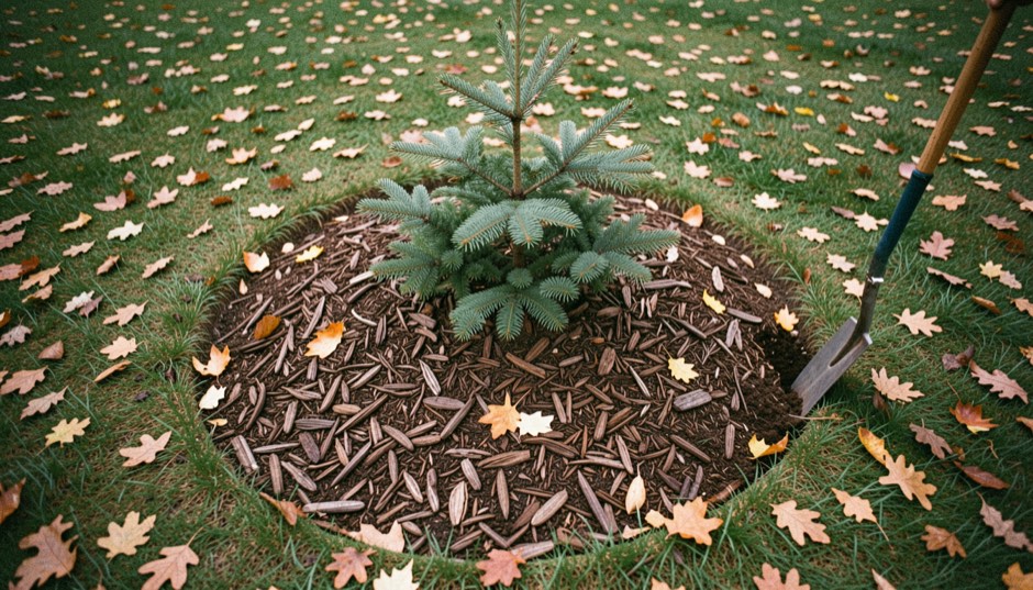 Seen from above, a young spruce in the middle of a round bed of bark mulch on an autumn lawn, a spade pushed straight down into the soil at the outer edge of the mulch, well away from the trunk, fallen oak leaves on the grass, soft autumn light